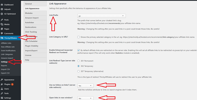 thirstyaffiliate link appearance settings