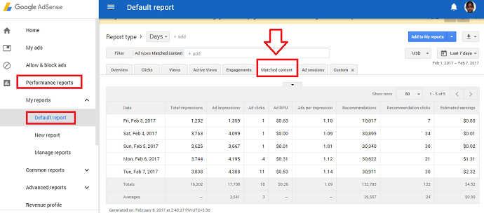 adsense matched content performance