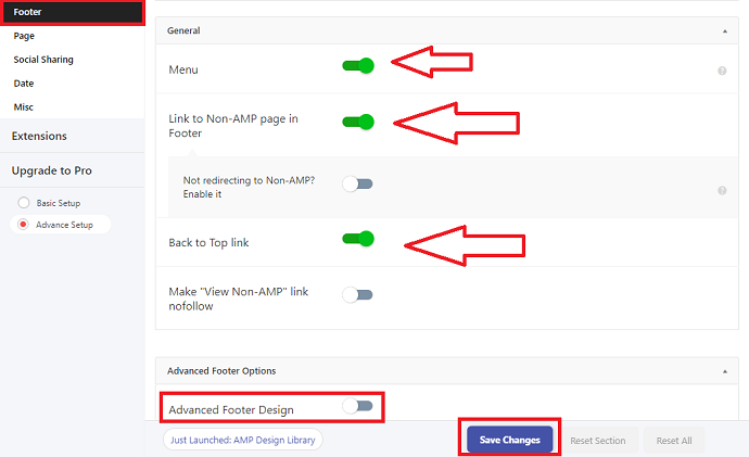 AMP for WP footer design settings