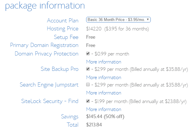 bluehost package information