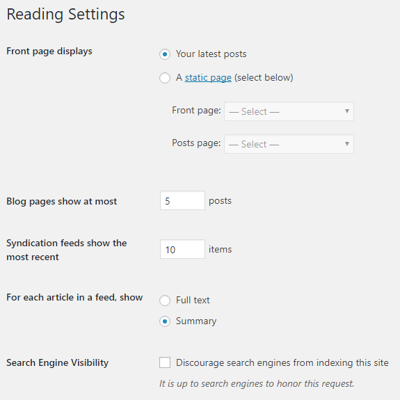wordpress reading settings