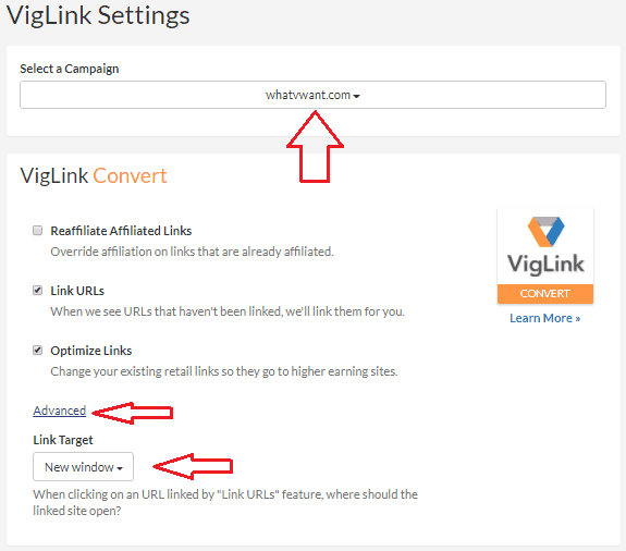 VigLink convert settings