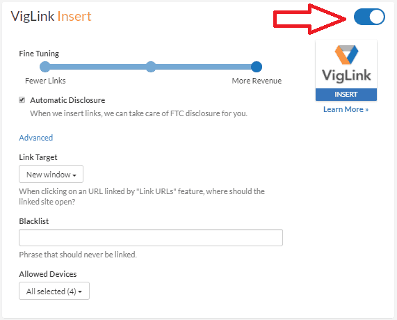 VigLink insert settings