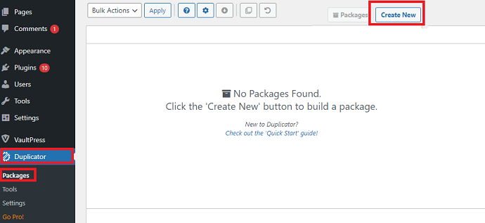 Duplicator plugin backup process - step 1 tap on the create new button