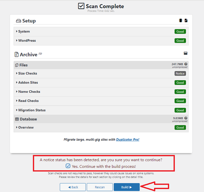 Duplicator plugin backup process - step 3 tap on the build button