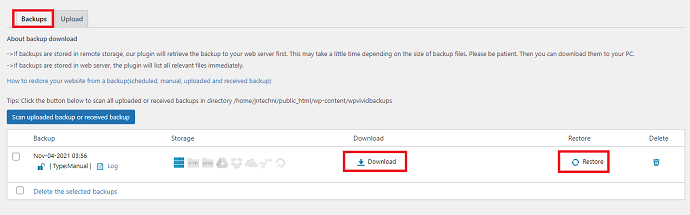WPVIVID backup process is finished and ready to download and restore