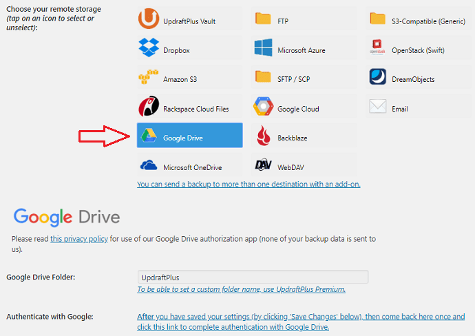 UpdraftsPlus Google Drive backup