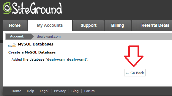 Database created Siteground