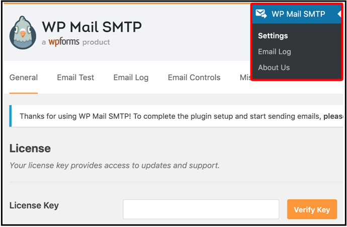 Open-WP-Mail-SMTP-settings-to-enter-License-Key