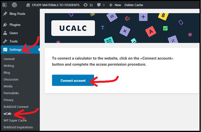 Go to-Settings-uCalc-Connect account-to-connect-your-uCalc-account-to-your-WordPress-site