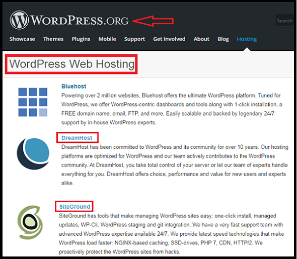 WordPress.org-webpage-recommending-DreamHost-and-SiteGround-hosting-for-wordpress-websites