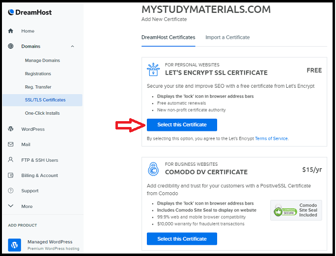 Installing-Let's Encrypt SSL- Free-Certificate-on-your-domain-using-DreamHost-panel