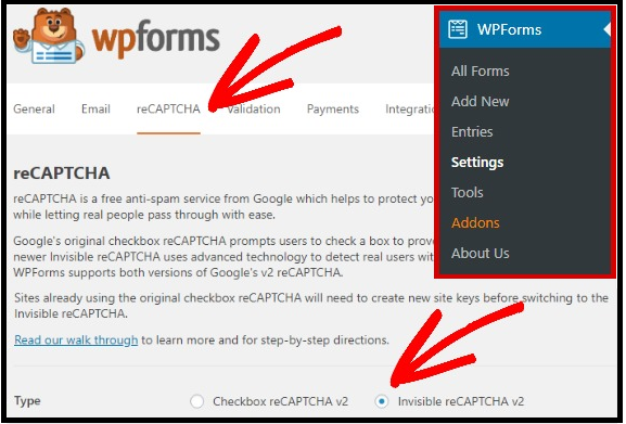 Selecting-Invisible-reCptcha-checkbox-via-WPForms-Settings-reCaptcha-on-your-WordPress site