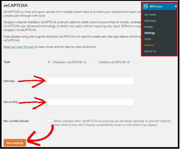 pasting-site-key-and-secret key-in-your-WPForms-to-add-Google-reCaptcha-to-your-Contact-Forms