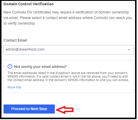select one of your domain's email from dropdown-to-get-verfication email from Comodo