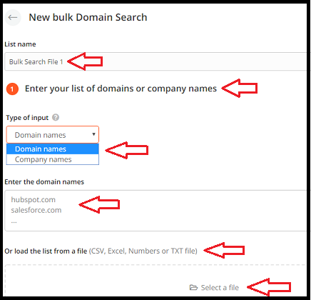 Hunter.io-Bulk-Domain-Search-by entering domain names-or-uploading-domain-names
