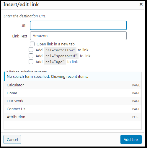 Link settings-Open in a new tab-rel=nofollow-rel=Sponsored-rel=ugc-for-external-links-in-WordPress-Classic-Editor-Using-WP Better SEO Links plugin