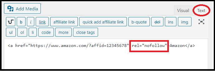 nofollow-attribute-added-to-your-affiliate link-in-WordPress-Classic Editor