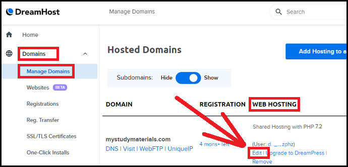 DreamHost-panel-Manage-Domains-page