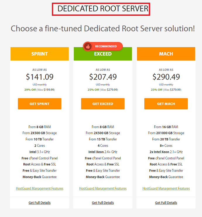 Dedicated Root Server prices in A2hosting