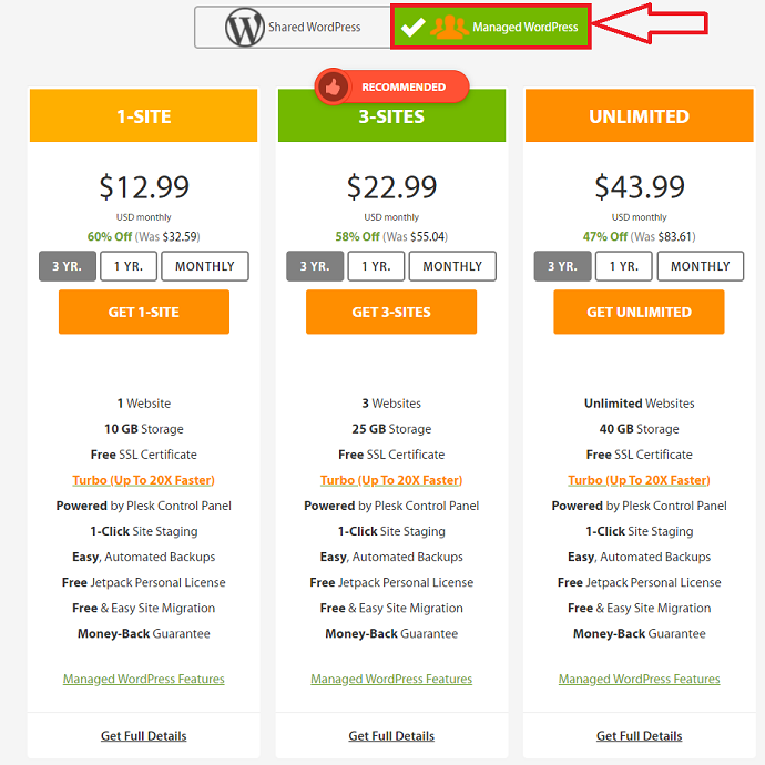 Managed WordPress prices in A2hosting