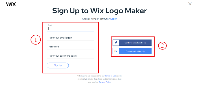 Signup to Wix
