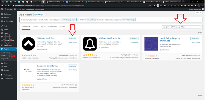 Step 1 Search and Install the WPFront Scroll Top plugin