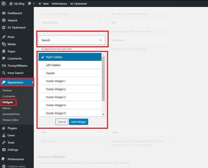 WordPress default search widget form