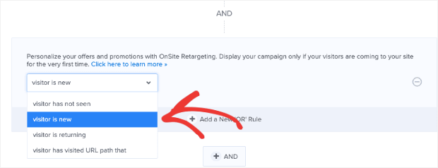 OptinMonster-dashboard-set-Onsite-Retargeting-rule-to-visitor-is-new