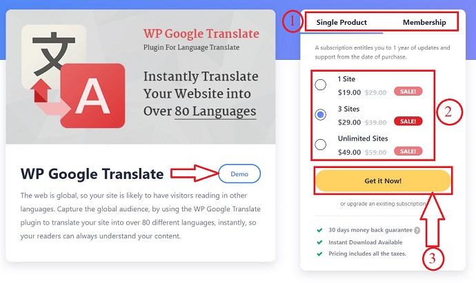 choose a plan in WP google translate