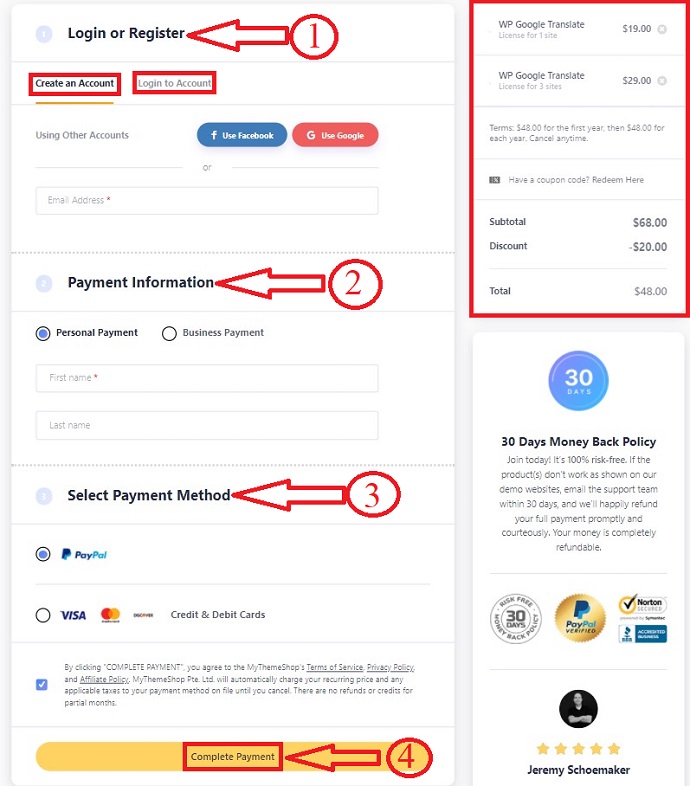 payment page of wp google translator