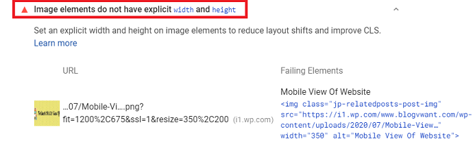 CLS Error Image elements do not have explicit width and height - Google Page Speed
