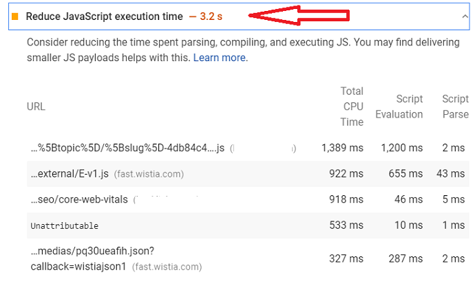 Finding Javascripts using Google PageSpeed that increase the JS execution time and affect FID