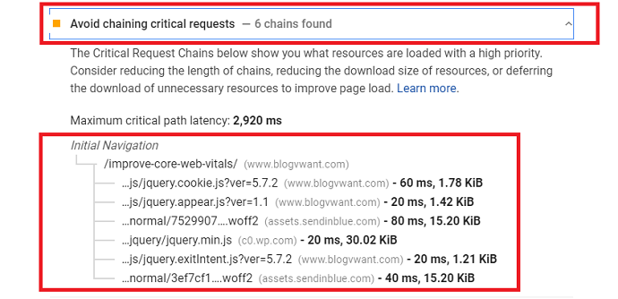 Google page speed recommend to avoid chaining critical requests - LCP Error