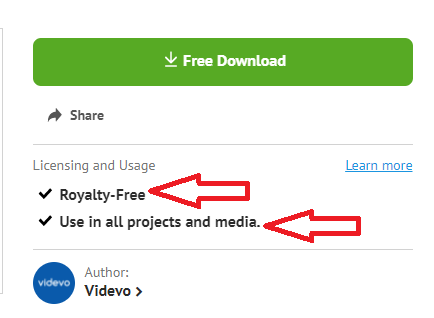 Videvo showing the royalty-free license of the free copyright music file