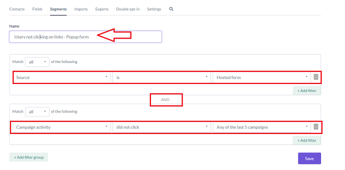 Segmentation example in EmailOctopus