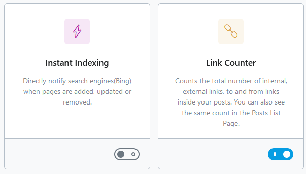 Instant indexing and link counter - both features are included in RankMath free and Yoast free