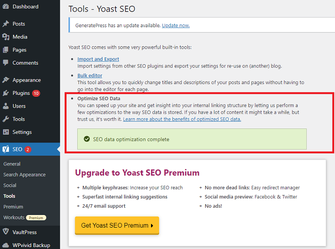 Yoast  Optimize SEO Data Tool - absent from RankMath