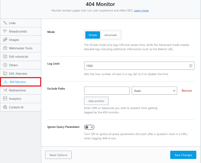 RankMath 404 module options - absent from Yoast free plugin