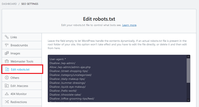 RankMath robots text editor