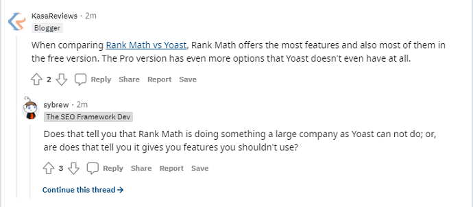 RankMath vs Yoast discussion on reddit - 1