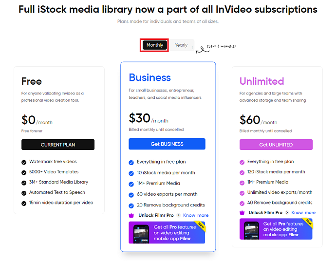 invideo.io monthly plans