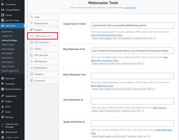 rankmath webmaster settings - compared with Yoast free version