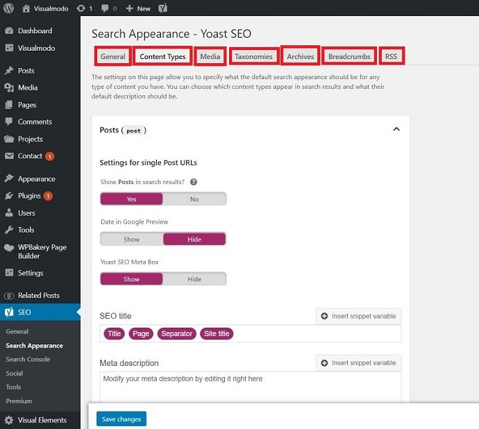 Yoast free version search appearance module comparison with rankmath