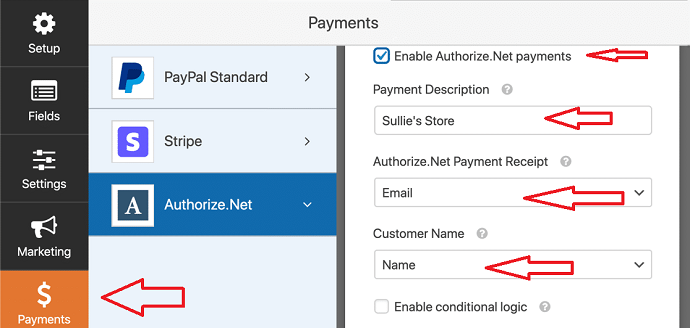 Step 9 Enable the Authorize.net Payment Processing on the Form
